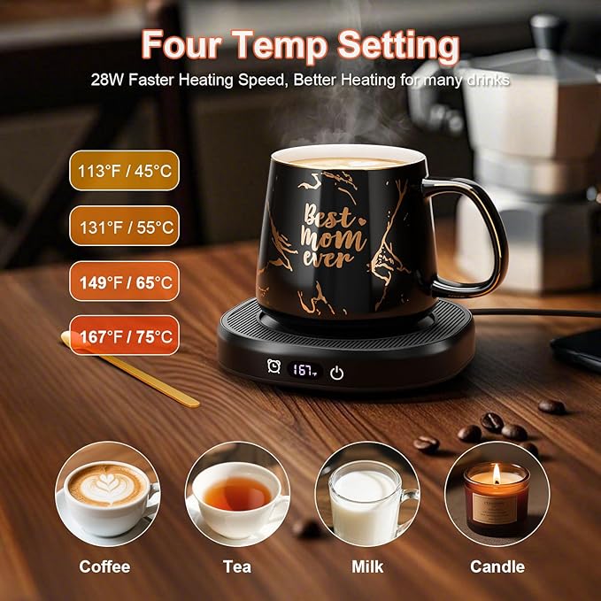 Coffee Mug Warmer, Best MOM Ever Mug with Coffee Warmer Set, Electric Coffee Cup Warmer for Desk 8H Auto Shut Off, Tea Beverage Warmer with 4 Temperature Setting, Women Mothers Day Birthday Mom Gifts
