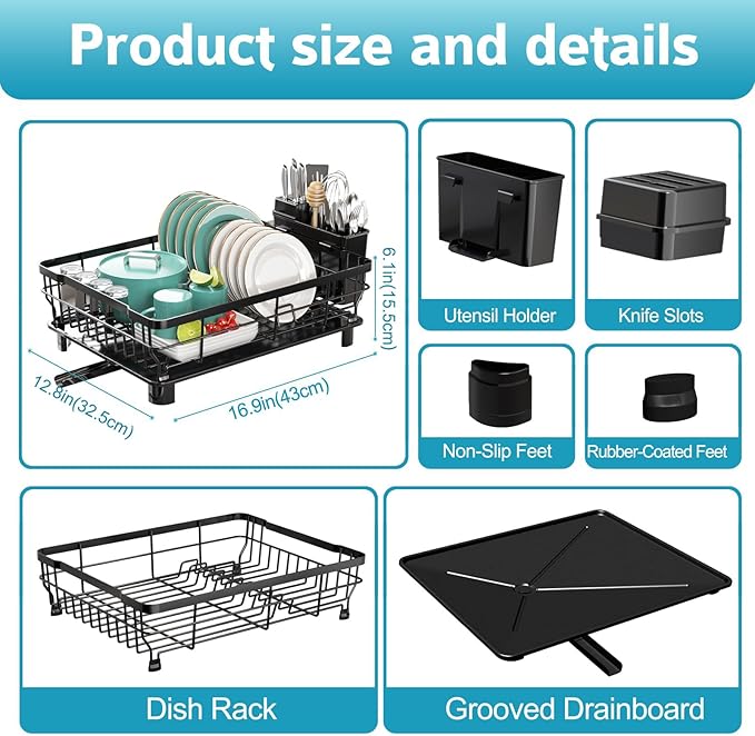 Dish Drying Rack - Space Saving Dish Rack - Dish Racks for Kitchen Counter with Drainboard,Rustproof Dish Drainer with Removable Utensil Holder,Black