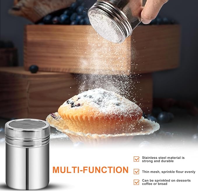 Flour Sifter,8 Cup Stainless Steel Flour Sifters,4 in 1 Baking Sifter Set with Powder Sugar Shaker Duster,Strainers Fine Mesh and Metal Scoop for Baking Cake,Pastries,Pies,Cupcakes,Desserts