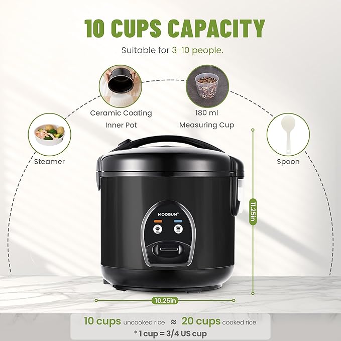 10-Cup Uncooked Rice Cooker & Food Steamer - Ceramic Non-Toxic Inner Pot, One-Touch Multifunction for Rice/Sauté/Yogurt, Dishwasher Safe, 3-10 Family Size, Black