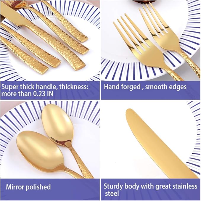 Silverware Set Flatware Set Gold Hammered Handle Cutlery Set Stainless Steel Shiny Mirror Polished Brass 20 Pieces Dishwasher Safe Service for 4
