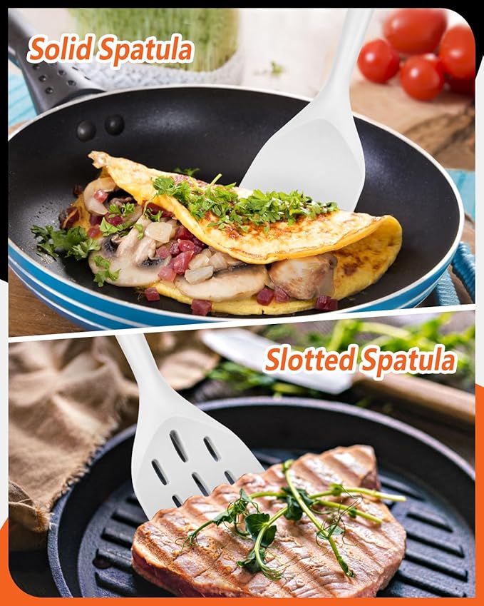 Pack of 2 Silicone Spatula, Non Stick Cooking Utensil Set Wooden Handle Kitchen Turner for Baking Mixing Grilling Serving Food Heat Resistant Non Scratch Hooks Included (White)