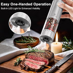 Vivosparks Electric Salt and Pepper Grinder Set, Upgraded 2-Speed Rechargeable Mills with 6-Level External Adjustable Coarseness, Stainless Steel, One-Hand Use, Storage Base & Gift Packaging