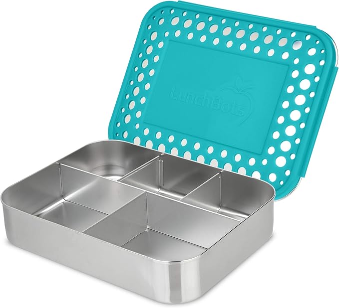 LunchBots Large Cinco Stainless Steel Lunch Container - Five Section Design Holds a Variety of Foods - Metal Bento Box - Dishwasher Safe - Stainless Lid - Aqua Dots
