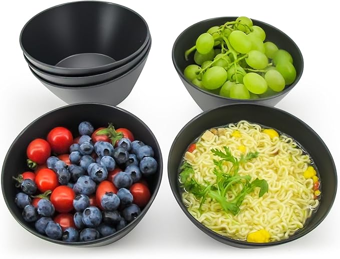 Bamboo Fiber Cereal Bowls Set 6 Pieces, 24 Ounce Soup Bowls Black, Melamine Bowls Set Large for Kitchen, Deep Serving Bowls for Cereal, Soup, Oatmeal, Rice, Pasta, Salad, Black