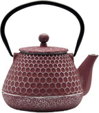 20.3oz Small Cast Iron Teapot, SECHUDO Tea Kettle for Stovetop Safe Coated with Enameled Interior, Pink Tea Pot with Stainless Steel Infuser for Loose Tea (Honeycomb Pattern)
