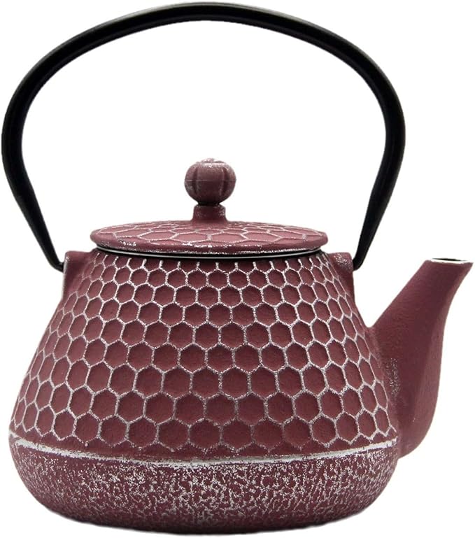 20.3oz Small Cast Iron Teapot, SECHUDO Tea Kettle for Stovetop Safe Coated with Enameled Interior, Pink Tea Pot with Stainless Steel Infuser for Loose Tea (Honeycomb Pattern)