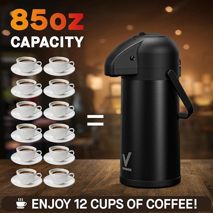Airpot Coffee Carafe for Keeping Hot - 85 OZ/ 2.5L Coffee Dispenser with Pump - Insulated Stainless Steel thermal carafe for Hot Drinks Water Tea Chocolate - Hot Beverage Dispenser for Parties
