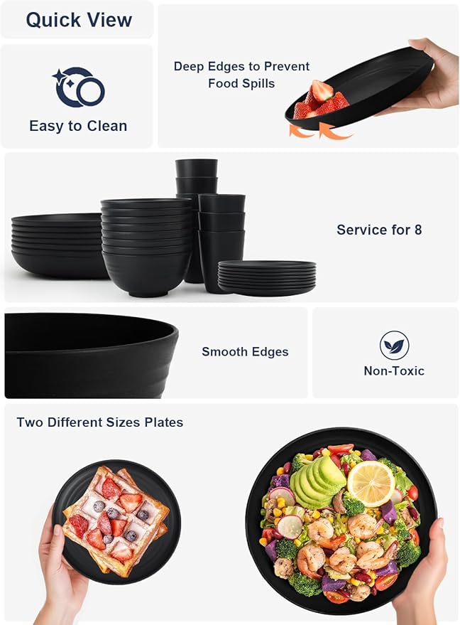 Homienly Wheat Straw Plates and Bowls Sets, Dishes Set for 8, Wheat Straw Dinnerware Set for Kitchen 32-Piece - Deep Plates Sets, Cereal Bowls with Drinking Cups, Microwave and Dishwasher Safe, Black