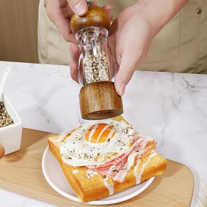Salt and Pepper Grinder Set Wooden Pepper Mill, 2pcs 6 Inch Archaizing Manual Pepper Grinder Adjustable Coarseness Salt and Pepper Shakers with Transparent Acrylic