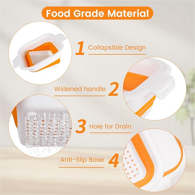 Collapsible Colander Set with Strainer Bowl, 2 in 1 Fruit Washing Basket with Strainer, 5 + 3 QT Plastic Colander for Kitchen, Foldable Double Layered Colanders Bowl for Berry, Vegetable, Orange