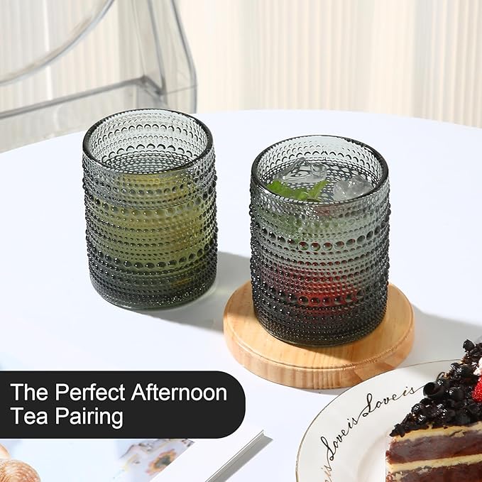 Vintage Glassware Drinking Glasses Set of 6,12 oz Hobnail Glass Cups,Embossed Grey Water Tumbler,for Beer,Cocktail,Whiskey,Juice and Various Mixed Drinks- 1 Cleaning Brush