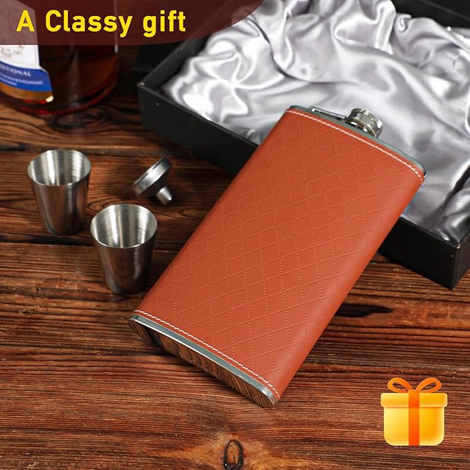 Flask For Men,350ml/12oz Hip Flask,304 Food Grade Stainless Steel,2 Cups And Funnel Portable Gift Box For Whiskey Rum Groomsman Best Man Usher Wedding-Leather Rhomboid Stripe Brown