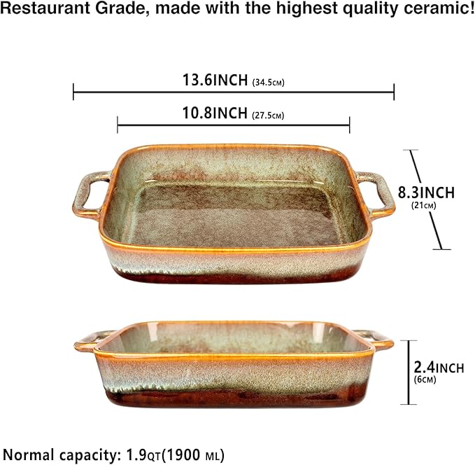 Rectangular 10 x 8 Casserole Dish, 1.9 Qt Ceramic Au gratin Baking Dish with Handles, or for mixing, salad, pasta plate, Best gift for those who love baking, Microwave, Oven safe