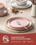 Famiware Milkyway Plates and Bowls Sets, 12 Pieces Dinnerware Sets, Reactive Glaze Dish Set, Stoneware Dishes Set for 4, Matte White & Light Pink