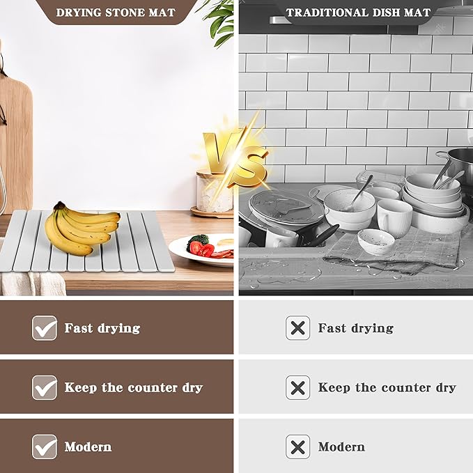 Stone Dish Drying Mat for Kitchen,Fast Dry and Quickly Absorbed Collapsible Drying Mat, 24"×16" Protection Kitchen Counter , Diatomaceous Earth Food Grade Stone Drying Trays (Grey, 16*24 inch)