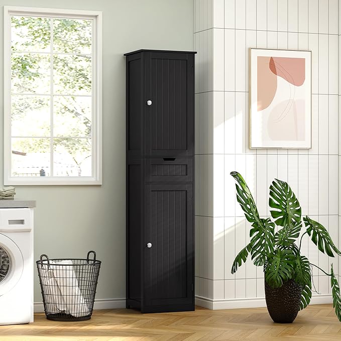 Iwell Tall Black Bathroom Cabinet with 2 Doors and 1 Drawer, Bathroom Storage Cabinet with Adjustable Shelves, Narrow Storage Unit for Living Room, Entryway, Kitchen, Black