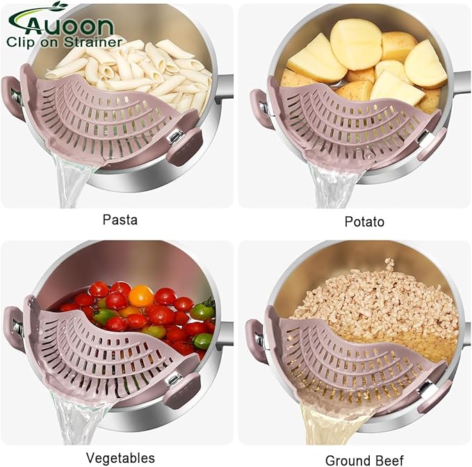 Large AUOON Clip on Strainer for All Pots and Pans - Oversized Silicone Pot Strainer Family-Style Design Pasta Strainer Kitchen Colander for Spaghetti and Noodles | Dishwasher Safe