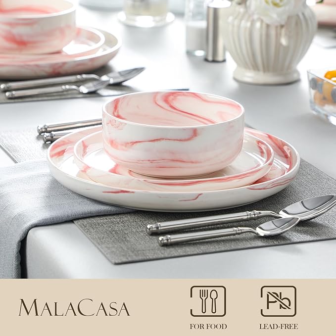 MALACASA Plates and Bowls Sets, 12 Pieces Porcelain Dinnerware Sets Dishware Sets Chip Resistant Ceramic Dish Set Dining Dinner Ware Service for 4, Marble Pink, Series LUNA