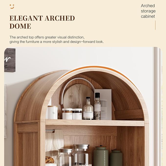 71" Tall Arched Kitchen Pantry,Modern Fluted Wood Storage Cabinet with Doors,Adjustable Shelves,Organizer, Versatile Cupboard for Kitchen,Living Room,Dining Room,Bathroom,Oak1