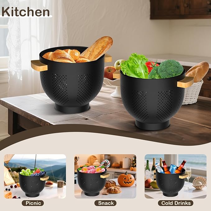 Colander for Kitchen, 6 QT Metal Colander with Wood Handle, Essentials Kitchen Gadgets Strainers and Colanders Food Strainer Basket for Draining Pasta Strainer, Vegetable & Fruit, Black