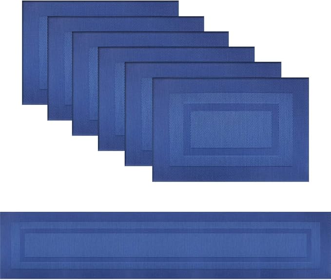 PIGCHCY Placemats with Matching Table Runner,Heat Resistant Vinyl Woven Washable Table mats Sets (6 Placemats+1 Table Runner,Navy Blue)