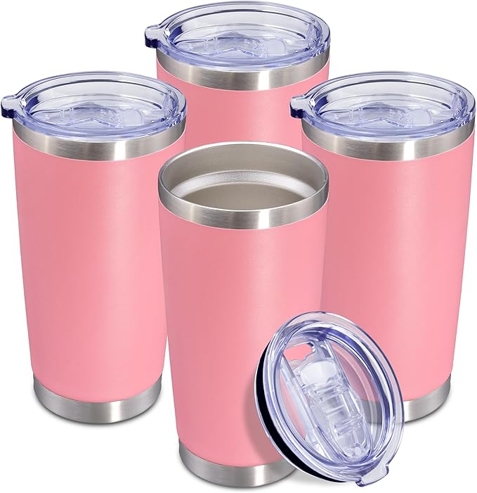 20 oz Tumbler Coffee Tavel Tumblers Bulk with Lid Stainless Steel Double Wall Vacuum Insulated Mug Powder Coated Cups fit Car Cupholder for Hot and Cold - Pink, 4Pack