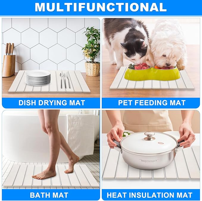 Large Stone Dish Drying Mat for Kitchen Counter,24"(L)×16"(W),Collapsible Quick Dry Dish Drying Mat,Diatomaceous Earth Mats for Cutlery, Pots and Bottles,Match Any Countertop