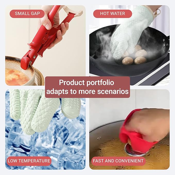 4 pcs Heat Resistant Kitchen Safety Set – Includes Silicone Oven Mitt, 2-in-1 hot Plate clamp, and Mini Pinch Mitts – Ideal for Microwave, Air Fryer & Steaming Use
