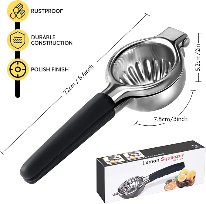 Lemon Squeezer, Sopito Stainless Steel Citrus Press Juicer Heavy Duty with Large Metal Squeezer Bowl for Seedless Juicing, Non-Slip Grip Design Manual Juicer