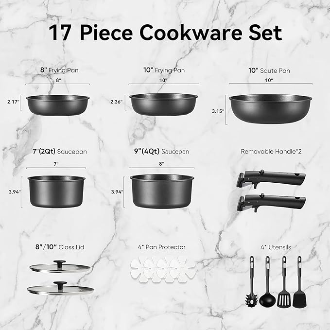CAROTE 17Pcs Pots and Pans Set Non Stick, Cookware Set Detachable Handle, Nonstick Induction Kitchen Sets Non Stick with Removable Handle, RV Cook Ware, Oven Safe, Black