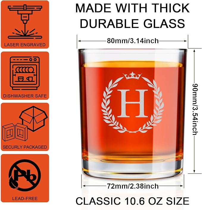 Personalized Whiskey Glasses Gifts for Men, Monogrammed Engraved A-Z 10.6 oz Rocks Glass Customized Gift, Unique Christmas Birthday Gifts for Men Him Dad Husband Brother Son (H)
