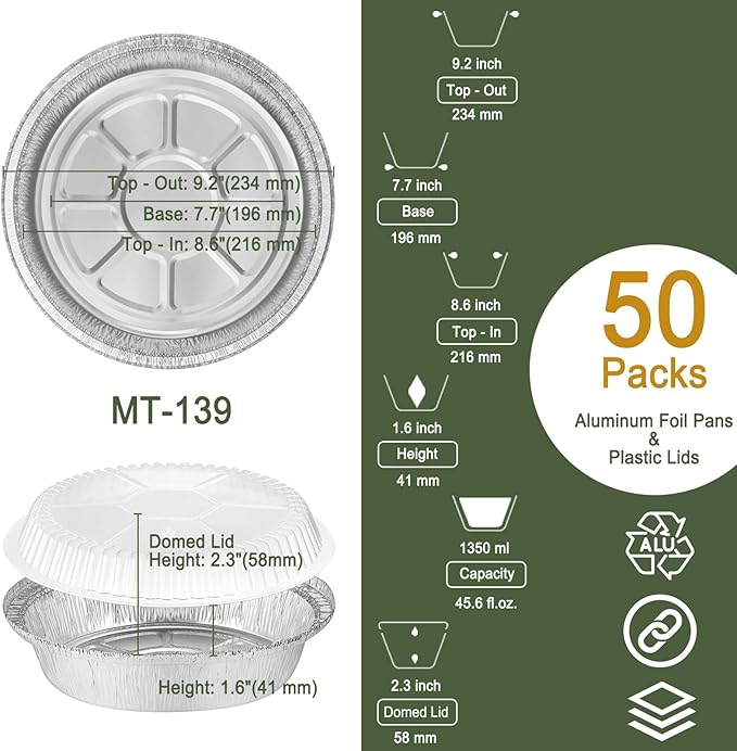 9" Aluminum Foil Pans with Clear Lids 50 Pack,Heavy Duty Disposable Containers for Roasting,Storing,Baking,Cooking, Deep Dish Pie Pans, Recyclable