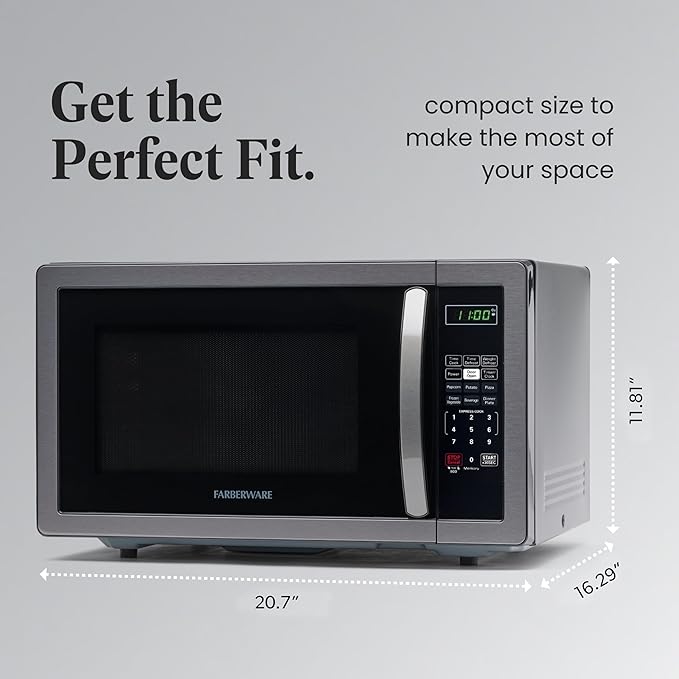 Farberware Countertop Microwave 1000 Watts, 1.1 cu ft - Microwave Oven With LED Lighting and Child Lock - Perfect for Apartments and Dorms - Easy Clean Black Stainless Steel