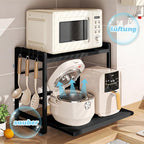 2-Tier Microwave Rack - Height Adjustable & Extendable Kitchen Shelf with Drawer - Carbon Steel - Includes Hooks & Reinforcement Suction Cups - Easy Assembly (Black)