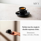 KIVY 3 oz Espresso cups set of 4 - Thick walled stoneware espresso cup set - Italian style cups and saucers - Demitasse cups set of 4 - Espresso mugs black - Coffee shot cups & saucers