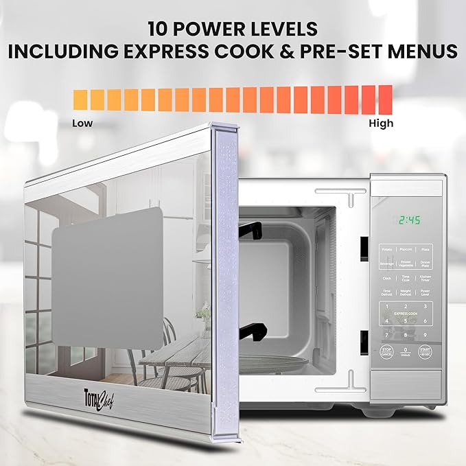 Total Chef Compact Countertop Microwave Oven, 1100W, 1.3 Cubic Feet Capacity, Digital Touchscreen Controls, One-Touch Push-Button Opening, 6 Pre-Set Cooking Modes, Silver Stainless Steel