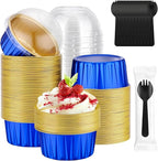 EUSOAR Mini Cake Pans with Lids and Sporks Individually Wrapped, 120pcs 5oz Creme Brulee Ramekins Disposable Cupcake Liners, Foil Ramekins Muffin Dessert Baking Cups for Wedding Picnic Gathering