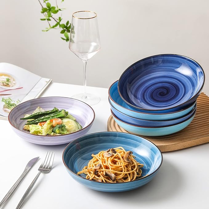KitchenTour Ceramic Pasta Bowls - Large Salad Bowls Porcelain Serving Bowl Set 26 Ounce - 8 Inch Soup Bowl - Dishwasher and Microwave Safe - Set of 6, Assorted Cool Colors