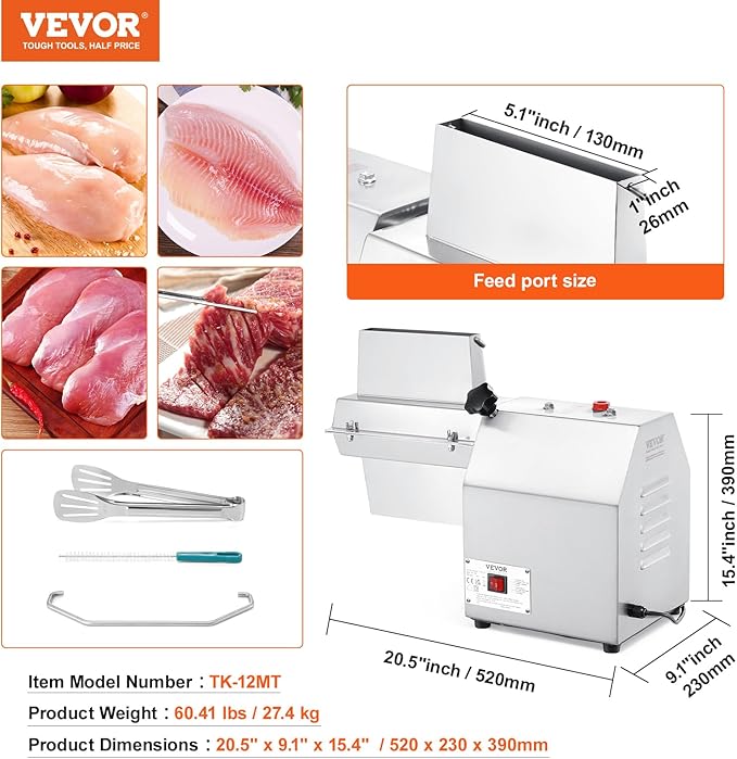 VEVOR Commercial Meat Tenderizer, Heavy Duty 304 Stainless Steel Kitchen Tool with Meat Tong, Cleaning Brush, and Tray, 750W Electric Meat Tenderizer Machine for Beef, Turkey, Chicken, Pork, and Fish