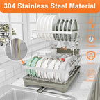 Dish Drying Rack, 2 -Tier 304 Stainless Steel Adjustable Spout Auto-Draining Dish Rack, Space Saving Dish Drainer with Drainboard and Utensil Holder for Kitchen Counter Grey