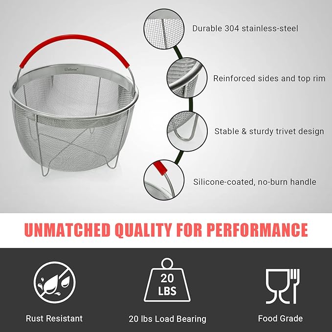 Original Salbree Steamer Basket for 3 qt quart Instant Pot Accessories, Stainless Steel Strainer and Insert fits IP Insta Pots, Instapot, Other Pressure Cookers, with Silicone Handle [6qt 8qt avail]