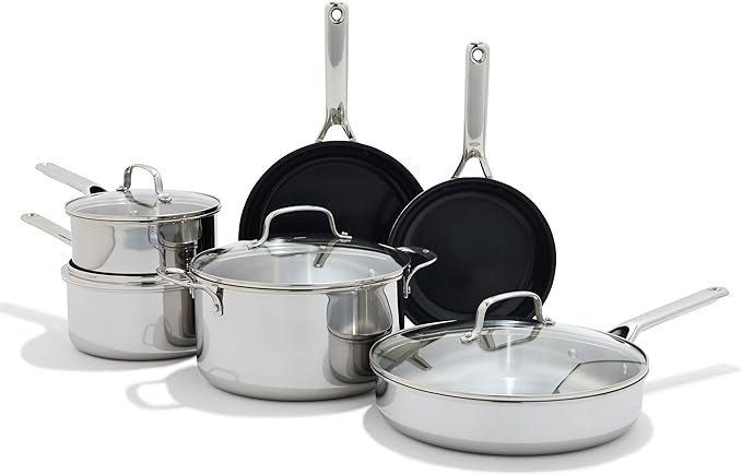 OXO 13 Piece Stainless Steel Cookware Set, Tri-Ply Multiclad Pots & Pans, PFAS-Free Ceramic Nonstick Coated Frying Pans, Induction Compatible, Dishwasher & Oven Safe, Sauce, Stock, Saute, Silver