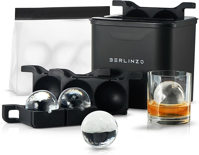 Berlinzo Premium Clear Ice Ball Maker Mold - 4 Large 2.1-inch Crystal Clear Ice Spheres for Whiskey & Cocktails - Easy-to-Remove Ice Round Mold - Storage Bag & Silicone Inserts Included (Non-Electric)