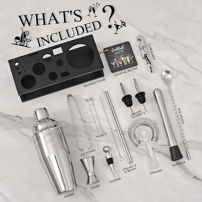 Bartender Kit Cocktail Shaker Set with Stand 17-Piece Bar Tool Bar Set for Drink Mixing Home Bartending Kit Bar Cart Accessories: Martini Shaker, Mixer Spoon, Jigger, Muddler, Strainer & Recipes Gifts