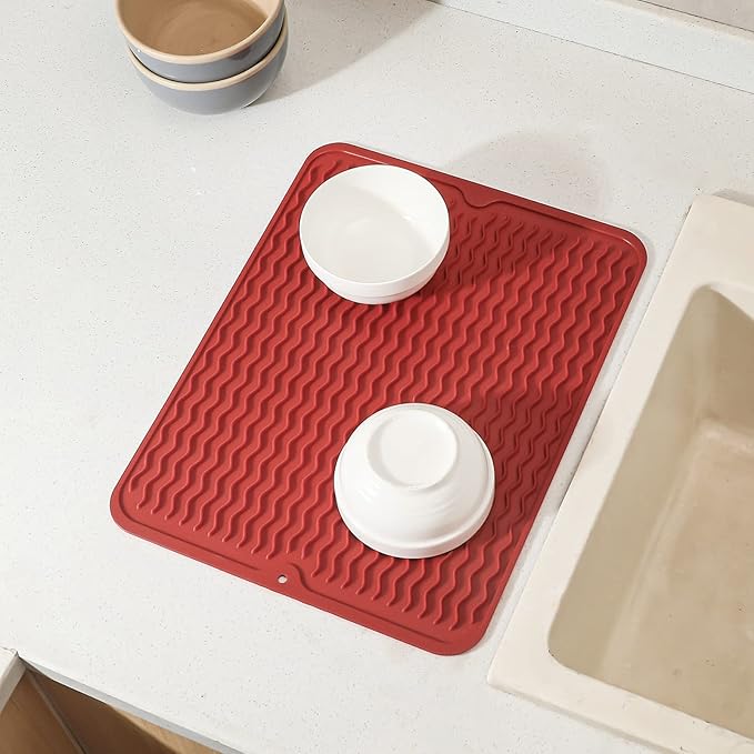 Silicone Dish Drying Mat for Multiple Usage,Easy clean,Eco-friendly,Heat-resistant Silicone Mat for Kitchen Counter or Sink,Refrigerator or drawer liner Red L 16 inches x 12 inches