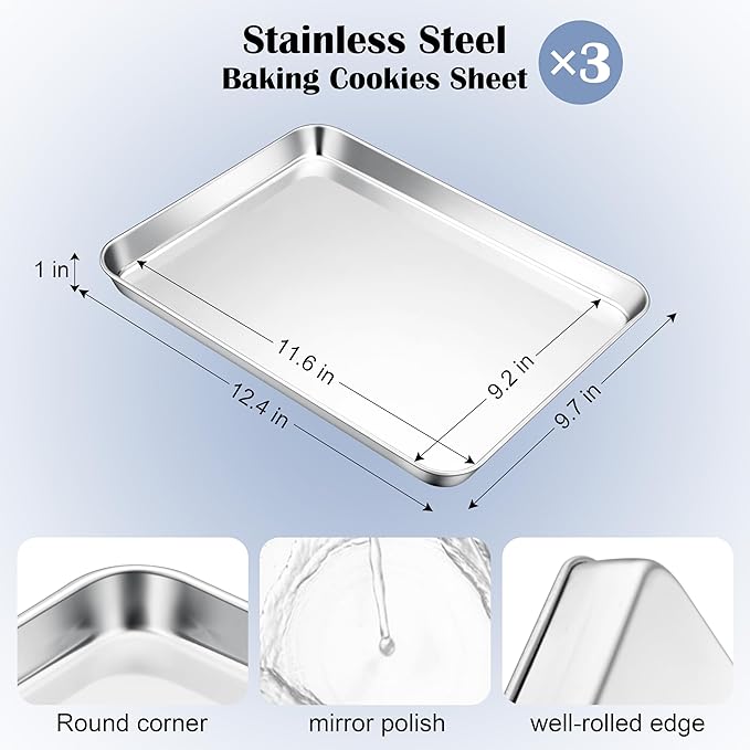 E-far Stainless Steel Baking Sheets Set of 3, 12.4” x9.7” Baking Cookie Sheets Pans for Oven, Non-toxic Metal Trays for Cake Cookies, Healthy & Rust Free, Mirror Finish & Dishwasher Safe