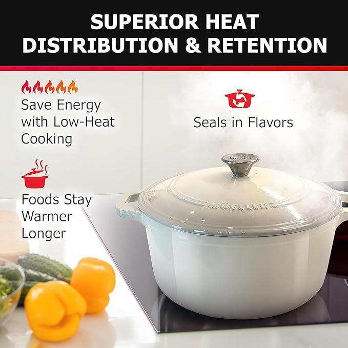 MÜELLERHOME 4.5 QT Enameled Cast Iron Dutch Oven, Heavy-Duty Casserole Dish and Braiser Pan with Lid and Stainless Knob, Oven-Safe up to 500° F & Across All Cooktops, Oyster White