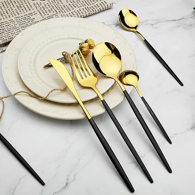 36-Pieces Silverware Mirror Polished Dinnerware Gold Flatware With Black Handle, 18/0 Stainless Steel Cutlery Set For Home Kitchen Party Hotel Restaurant Wedding Service for 6