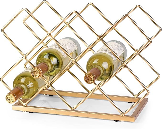 Countertop Wine Rack - 10 Bottle Freestanding Modern Gold Metal Small Wine Rack - Tabletop Wine Holder Stand for Cabinet, Pantry, Wine Bottle Storage…